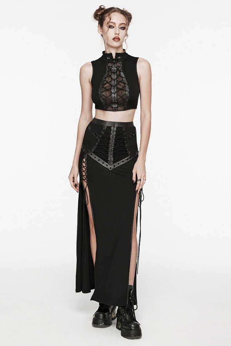 Black Lace-Up Rivet Women's Punk Fishtail Skirt - Product - 4