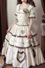 Ivory [Lovely Heart] Triple-Layered Ruffle Embroidery Bowknot Sweet Elegant Lolita Skirt - Product - 4