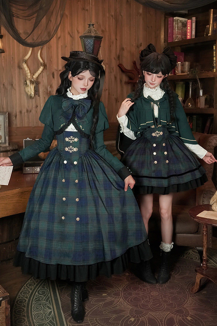 Blue/Green [Berlin's letter] Double-Layered Plaid Print Ruffle Bowknot Classic College Style Lolita Strap Dress Set 2 Versions - Product - 9