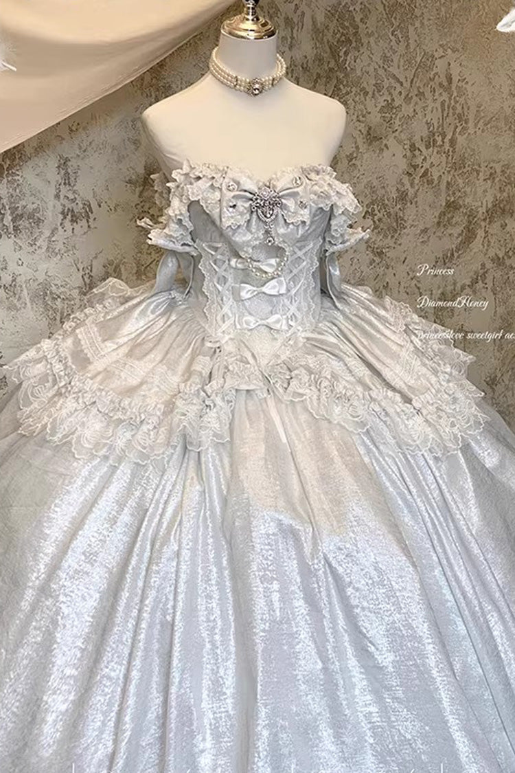 [White Moonlight Lover] Romantic Commemorative Ceremony Sleeveless Ruffled Bow Lace Lace-Up Sweet Elegant Lolita Strapless Dress 3 Colors - Silver - 2
