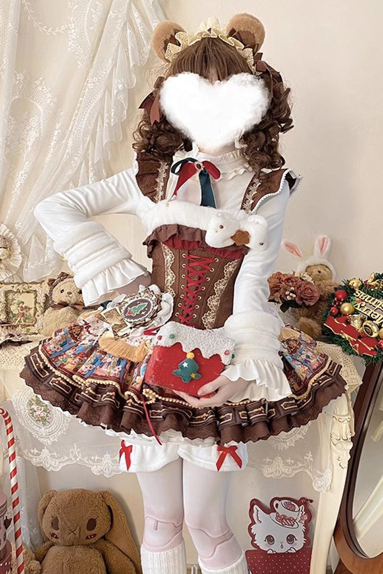 Brown [Candy House] Multi-Layered Print Ruffle Bowknot Lace-Up Sweet Ballet Lolita Jsk Dress - Product - 5
