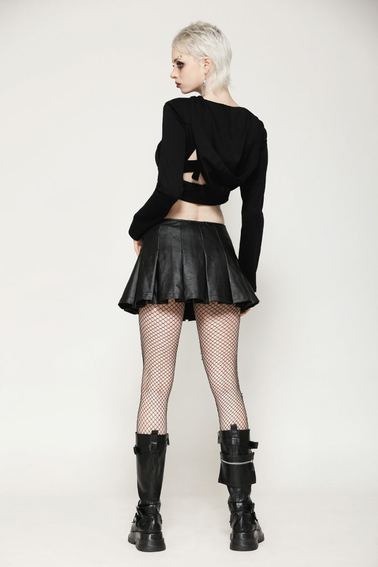 Black Low Waisted Buckle-Up Women's Punk PU Leather Pleated Mini Skirt - Product - 4
