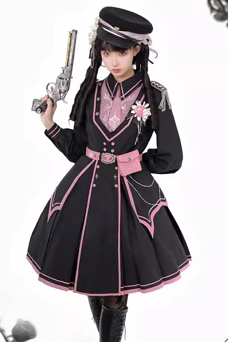 Black/Pink Long Sleeves Ruffle Gothic Military Elegant Princess Lolita Dress - Product - 11