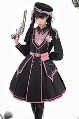 Black/Pink Long Sleeves Ruffle Gothic Military Elegant Princess Lolita Dress - Product - 11