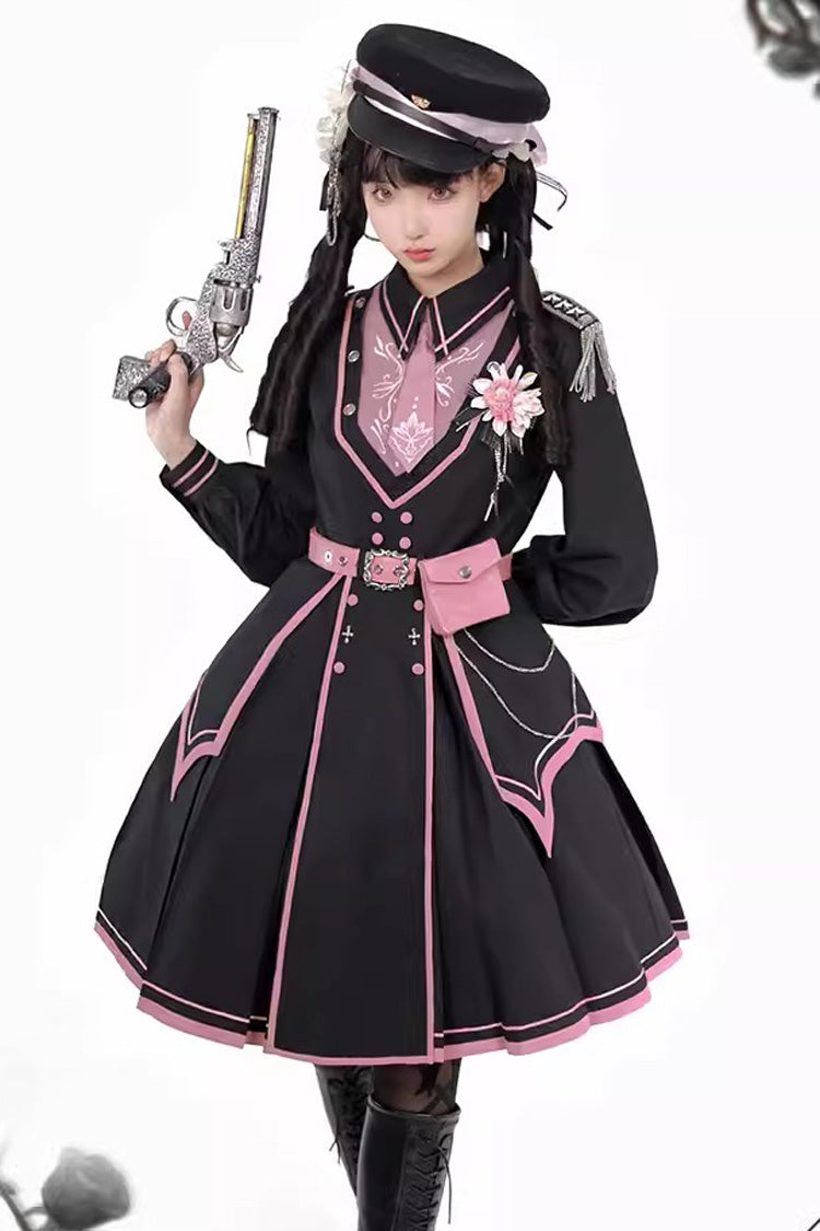 Black/Pink Long Sleeves Ruffle Gothic Military Elegant Princess Lolita Dress - Product - 11
