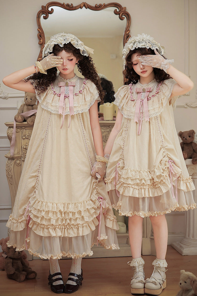 Apricot [Lily's Dream] Stand Collar Short Sleeves Loose-Fit Doll-Like Multi-Layered Ruffled Bow Lace Sweet Lolita Dress 2 Versions - Product - 13