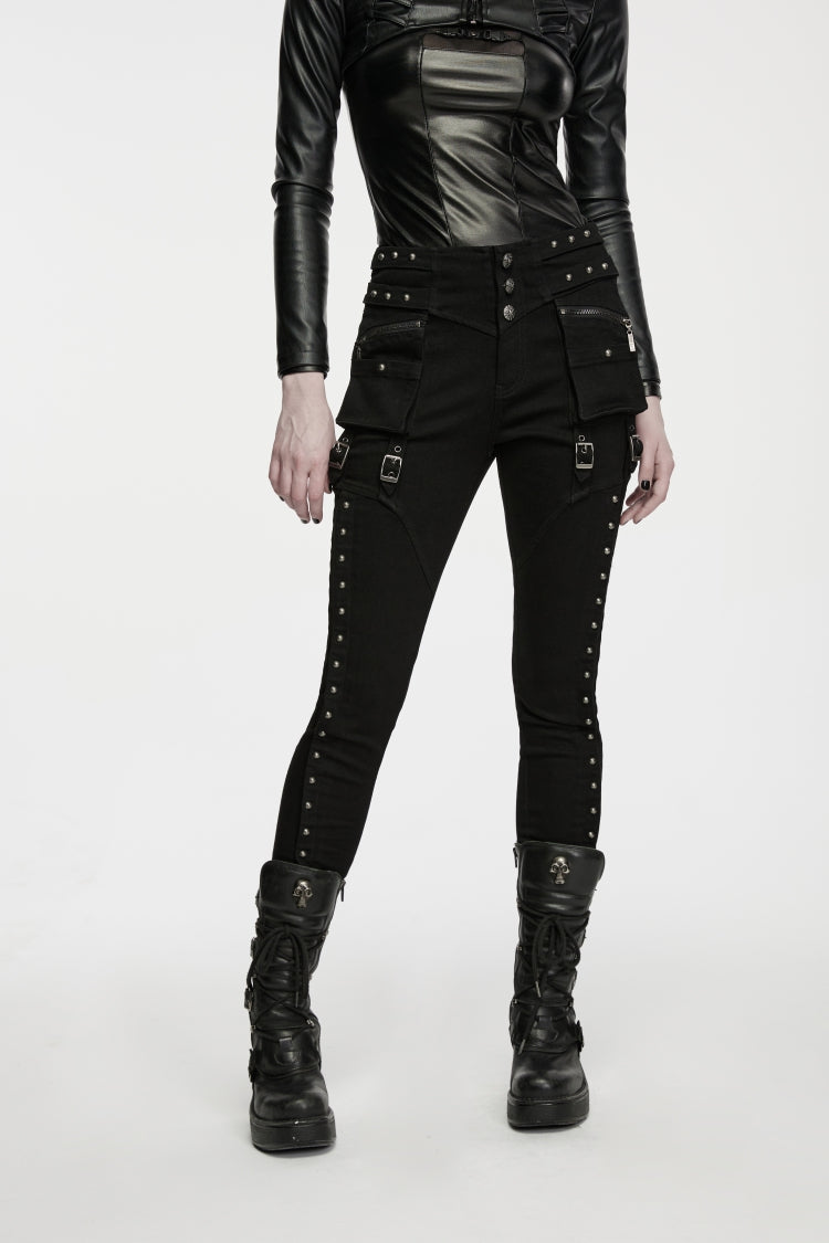 Black Slim Fit Studded Women's Punk Cool Pants with Pockets - Product - 5