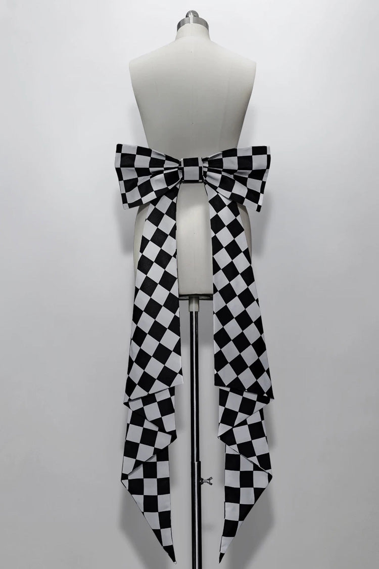 Black/White Rabbit Theater Checkerboard Print Ouji Lolita Waist Bowknot - Black/White(Double-sided) - 2