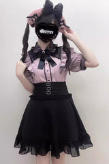 Jirai Kei Short Sleeves Hollow Bowknot Lace Sweet Blouse 3 Colors - Grey/Pink - 7