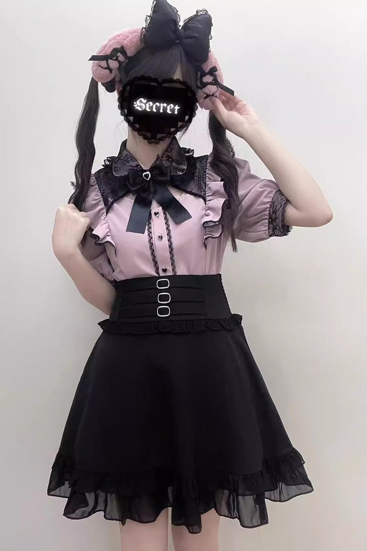 Jirai Kei Short Sleeves Hollow Bowknot Lace Sweet Blouse 3 Colors - Grey/Pink - 7