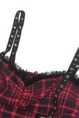 Red Sleeveless Hem Plaid Layered Lace Women's Punk Mini Strap Dress - Product - 13