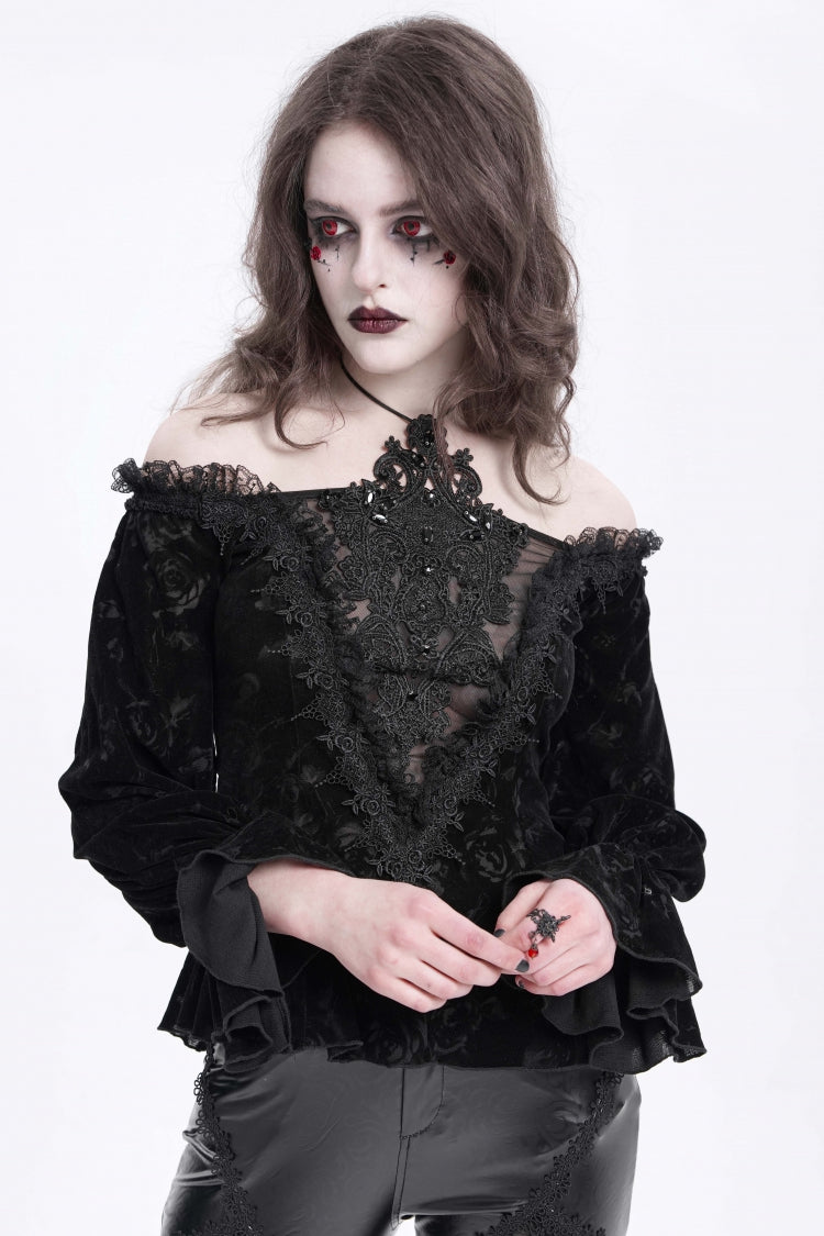 Black Off Shoulder Hollow Embroidery Women's Gothic Blouse - Product - 2