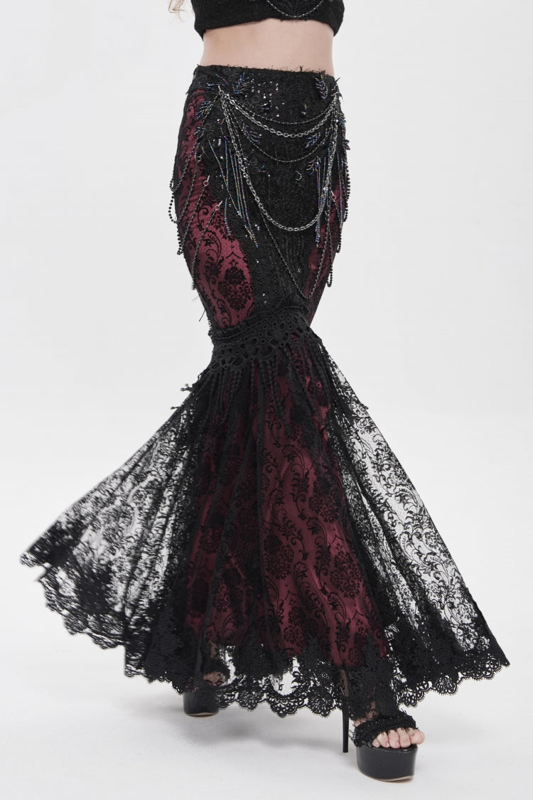 Black/Red Double-Layered Embroidered Lace Slim Pearl-Decorated Women's Gothic Skirt - Product - 9