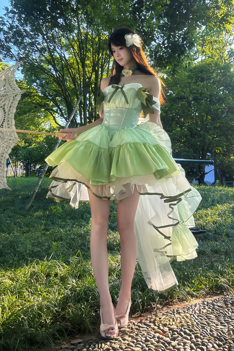 Green [Forest Princess] Off Shoulder Ruffled Bow Patchwork Sweet Lolita Dress - Product - 6