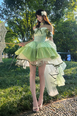 Green [Forest Princess] Off Shoulder Ruffled Bow Patchwork Sweet Lolita Dress - Product - 6