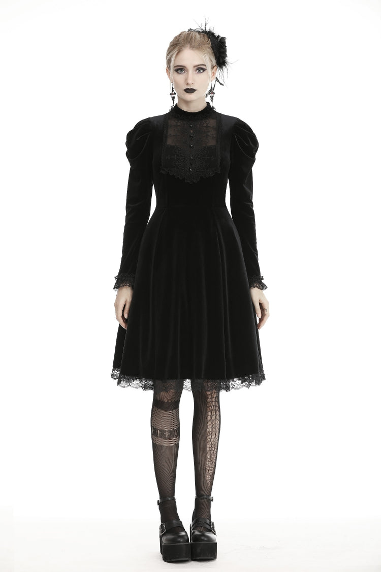 Black Lace Long Puff Sleeves Women's Gothic Velet Dress - Product - 7