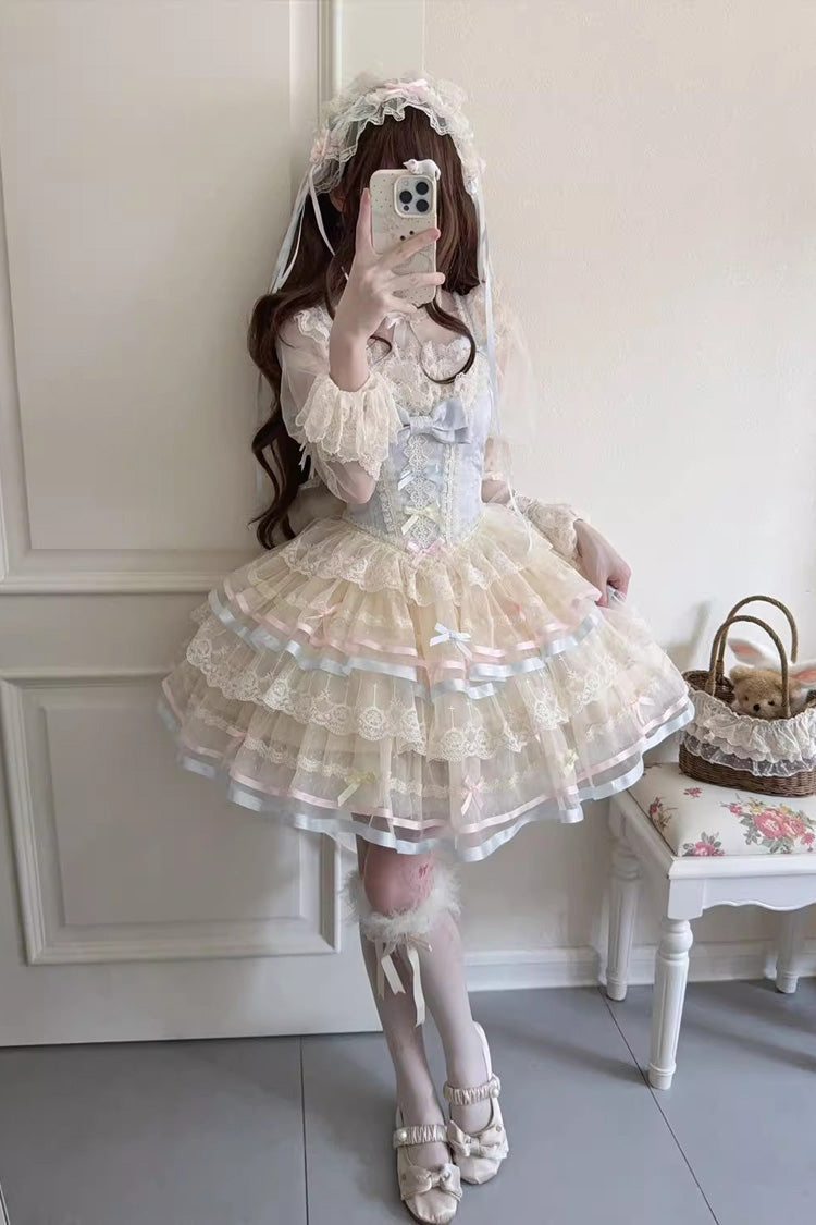 Blue [Butterfly Heart Ballet] Triple-Layered Ruffle Bowknot Lace Sweet Ballet Lolita Jsk Dress - Product - 4