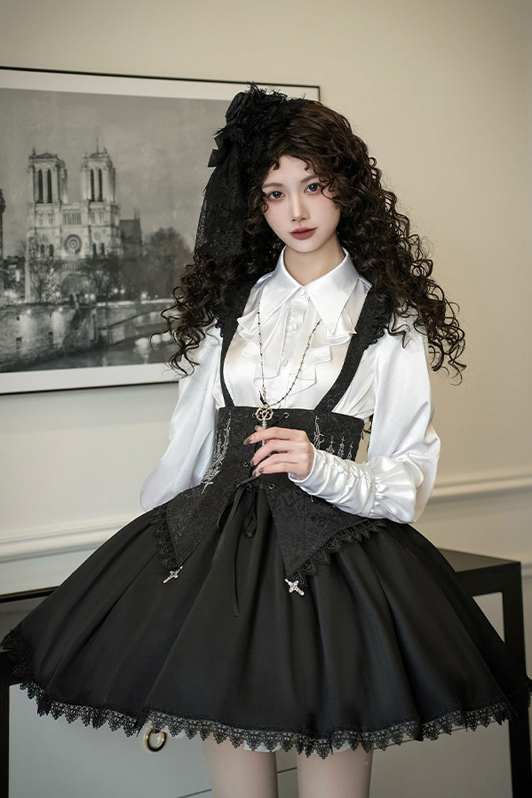 Black [Night of Thorns] Sleeveless Embroidery Lace-Up Gothic Lolita Strap Breast Support Dress 2 Versions - Black - 15