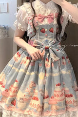 [Little Mouse Strawberry Cake] Sleeveless Printed Ruffled Bow Lace Sweet Lolita Jsk Dress 3 Colors - Product - 6
