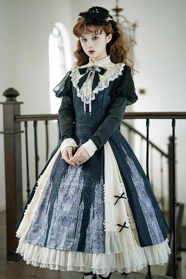 Black/White Church Bells Print Ruffle Cardigan Bowknot Gothic Elegant Lolita Dress - Black/White - 1