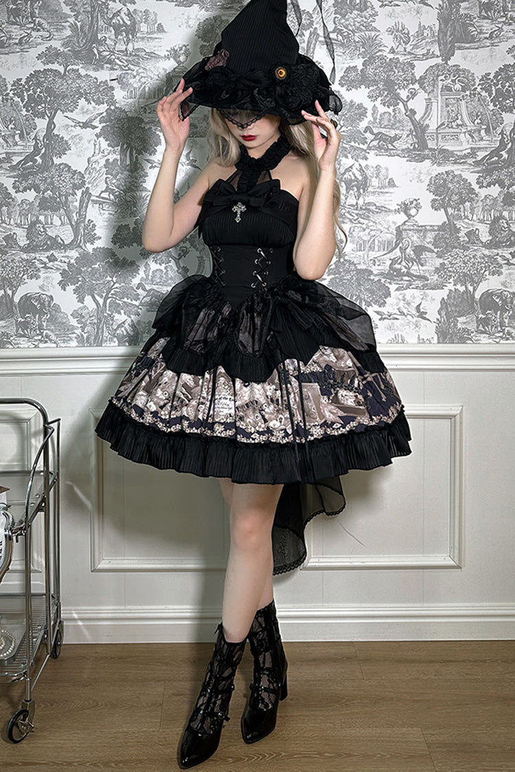 Black [The Mystery of The Doll] Halterneck Print Ruffle Bowknot Drawstring Gothic Lolita Dress - Product - 6