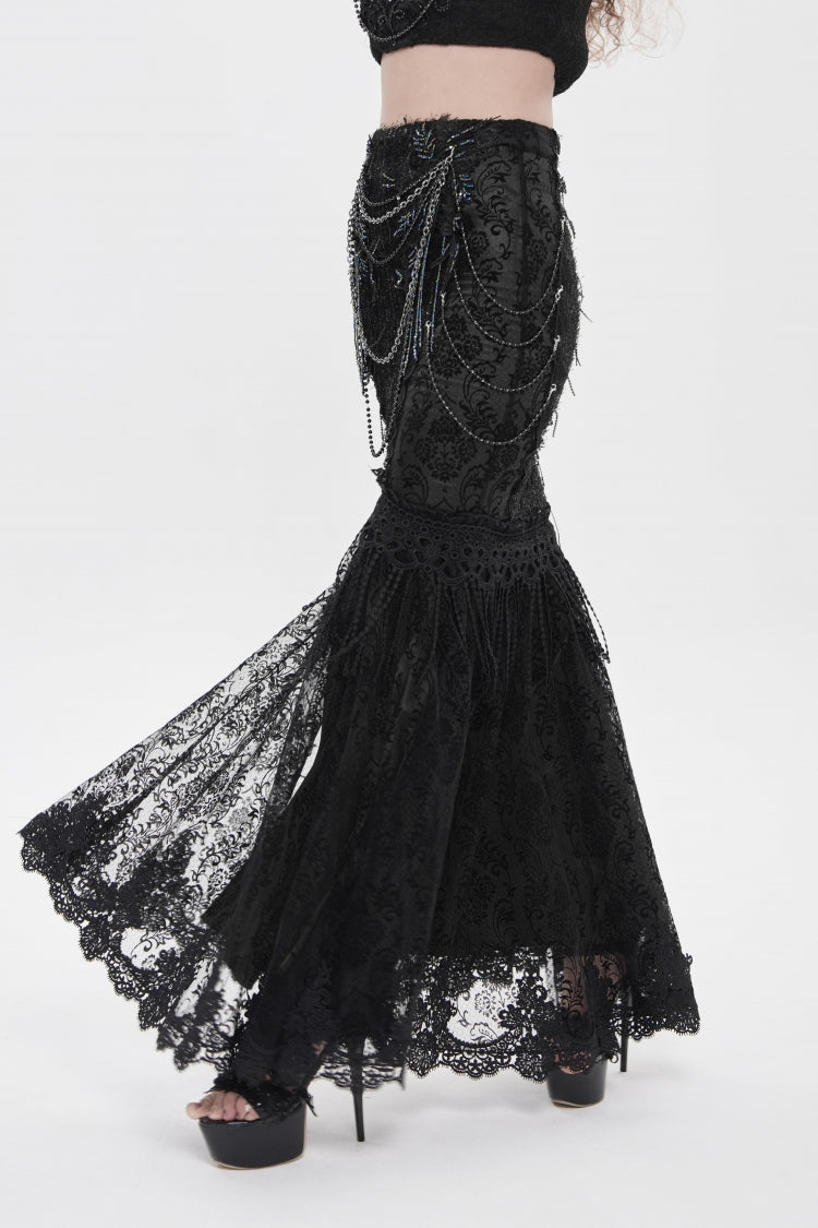 Black Double-Layered Embroidered Lace Slim Pearl-Decorated Women's Gothic Skirt - Product - 9