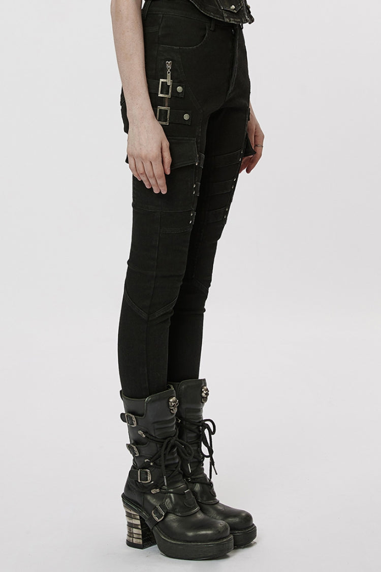 Black Multi-Pocket Buckle Women's Punk Jeans Pants - Product - 2