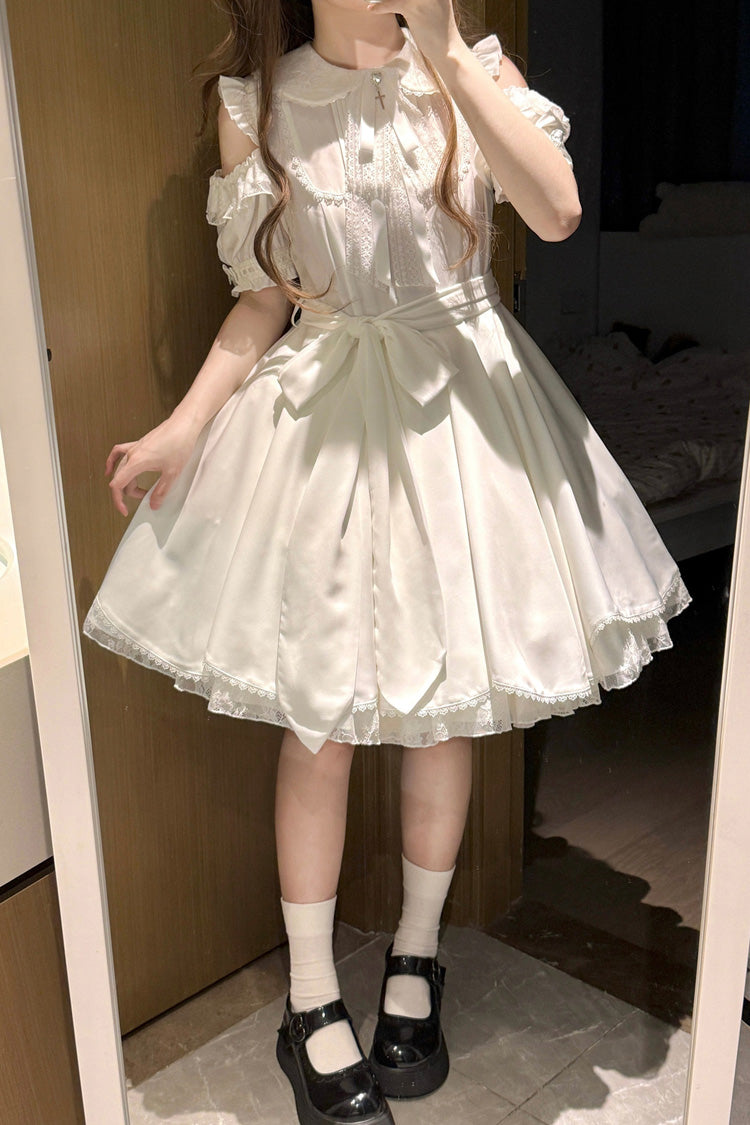 White [Oath] Lapel Collar Off Shoulder Short Sleeves Bow Gothic Lolita Dress - Product - 3