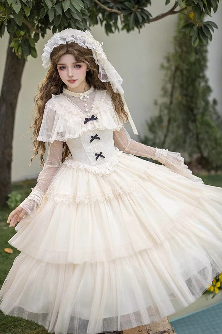 Ivory [The Oath of White Mist] Edwardian Collar Long Sleeves Multi-Layered Ruffled Bow Lace Fishbone Sweet Lolita Dress 2 Versions - Product - 17