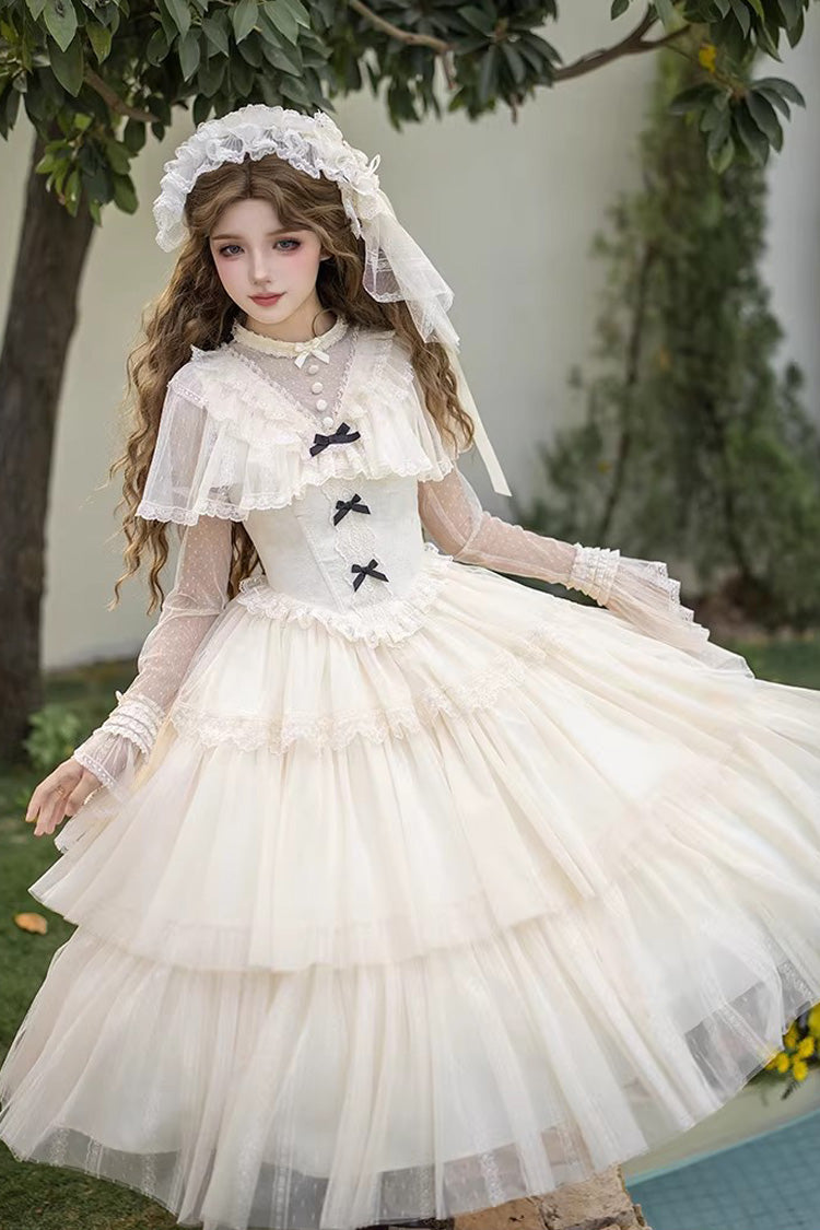 Ivory [The Oath of White Mist] Edwardian Collar Long Sleeves Multi-Layered Ruffled Bow Lace Fishbone Sweet Lolita Dress 2 Versions - Product - 17