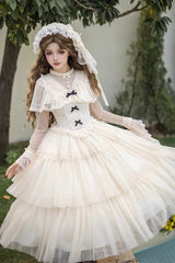 Ivory [The Oath of White Mist] Edwardian Collar Long Sleeves Multi-Layered Ruffled Bow Lace Fishbone Sweet Lolita Dress 2 Versions - Product - 17