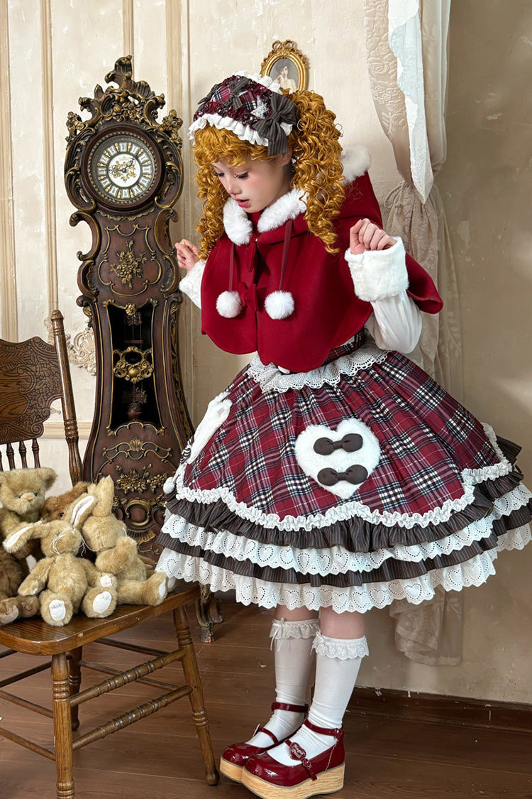 Red Long Sleeves Triple-Layered Printed Ruffled Bow Sweet Lolita Jsk Dress Set - Product - 6