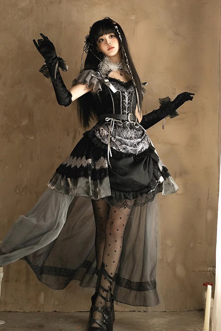 Black [Dark Night Rose] Short Sleeves Print Ruffle Bowknot Lace Asymmetric Gothic Lolita Dress - Product - 6