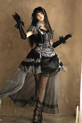 Black [Dark Night Rose] Short Sleeves Print Ruffle Bowknot Lace Asymmetric Gothic Lolita Dress - Product - 6