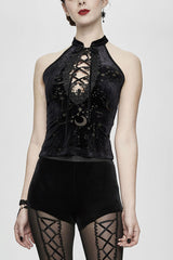 Black Stars And Moon Printing Chest Lace Up Dense Velvet Women's Gothic Vest - Black - 1