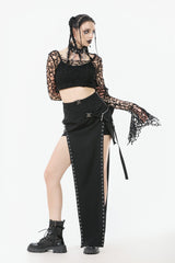 Black Women's Gothic Long Flared Sleeves Hollow-out Mesh Crop Top - Product - 9