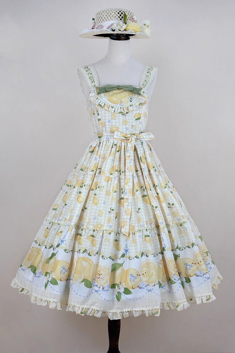 Yellow [Lemon Chicken] Print Ruffle Bowknot Lace Sweet Lolita Jsk Long Dress - Product - 3