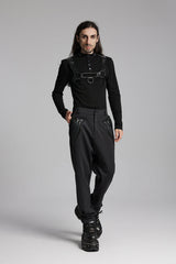Black Stand Collar Long Sleeves Men's Punk Military T-Shirt - Product - 5