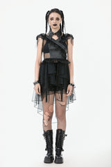 Black V Collar Sleeveless Multi-Layered Ruffled Sheer Mesh Women's Punk Dress - Product - 5