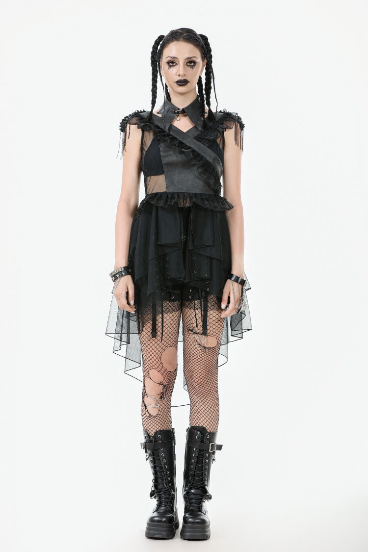 Black V Collar Sleeveless Multi-Layered Ruffled Sheer Mesh Women's Punk Dress - Product - 5