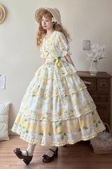 White [Lemon Chicken] Short Sleeves Triple-Layered Print Ruffle Bowknot Lace Sweet Gorgeous Lolita Dress - Product - 5