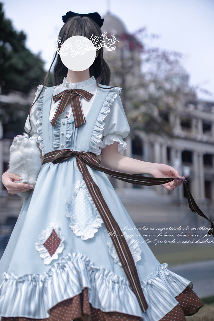 Blue [Magic Vocal Club] Sleeveless Print Ruffle Bowknot Sweet Alice College Style Elegant Lolita Jumper Dress - Product - 4