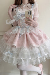 Pink [Fleishi Island] Sleeveless Ruffle Bowknot Lace Slim Sweet Ballet Lolita Jsk Dress - Product - 2