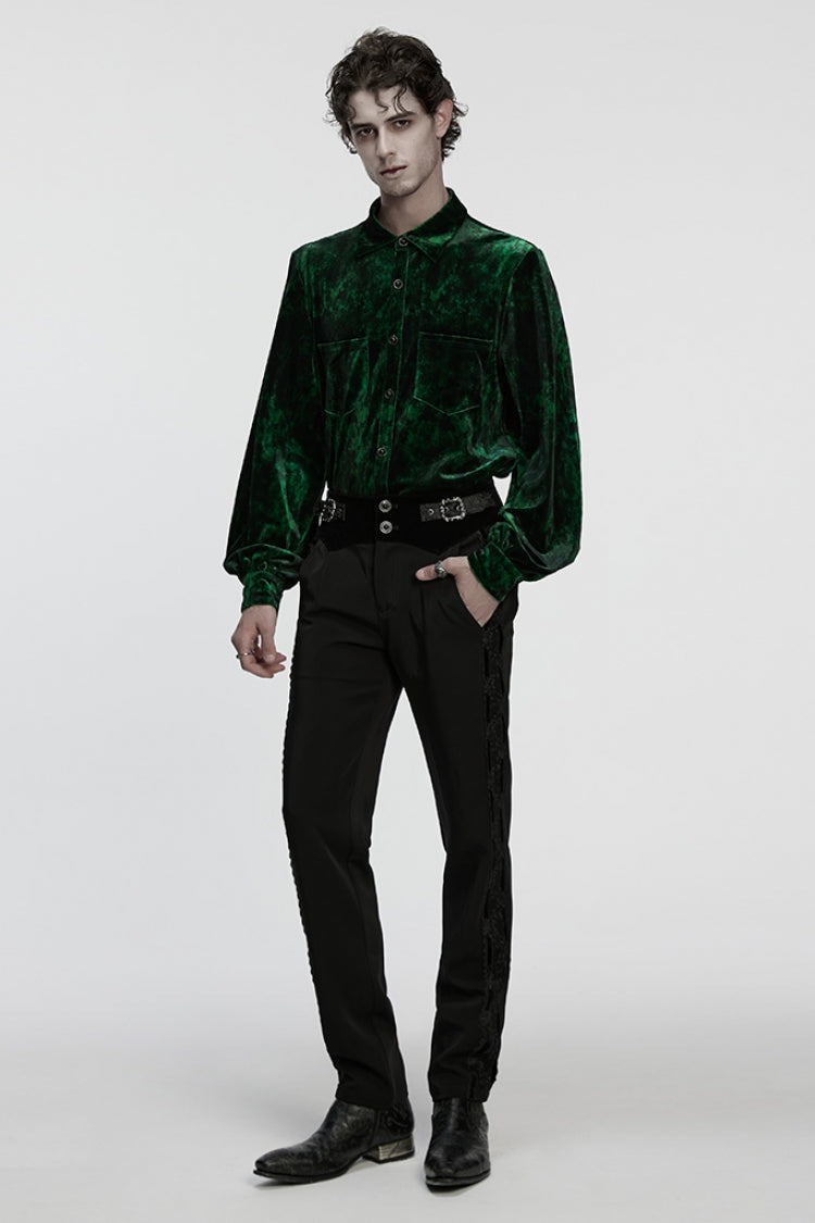 Green Lapel Collar Long Puff Sleeves Men's Gothic Shirt - Product - 4