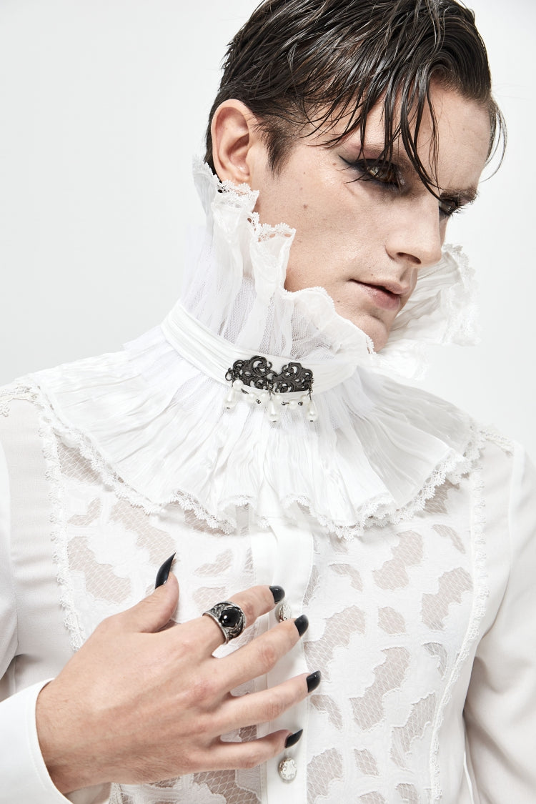 White Lace Mesh Pearl Detail Men's Gothic Accessory Necklace - Product - 2