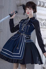 Blue Ruffle Lace-Up Gothic Military Handsome Lolita Dress - Product - 4