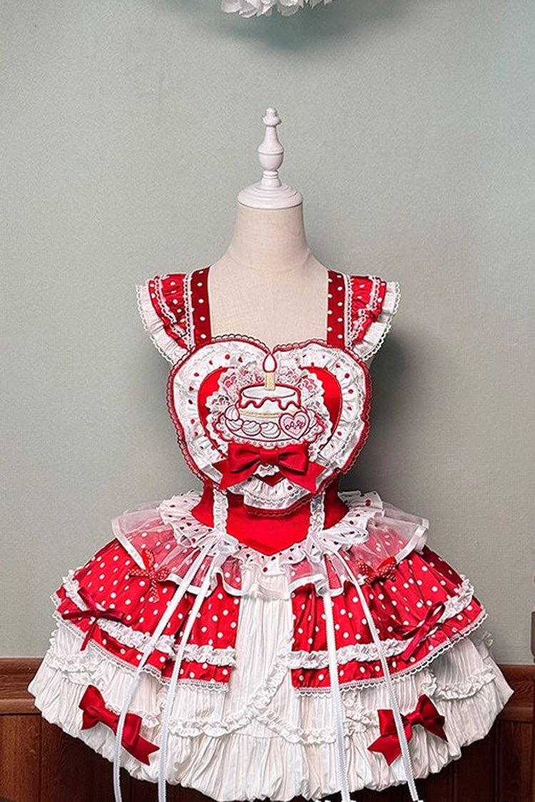 Red/White [Twin Bears] Birthday Cake Sleeveless Print Ruffle Bowknot Lace Sweet Lolita Big Flower Bud Dress - Product - 3