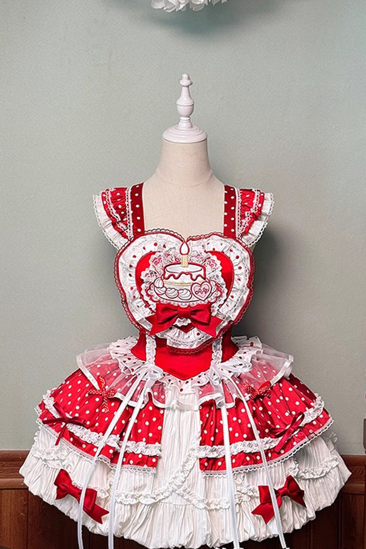 Red/White [Twin Bears] Birthday Cake Sleeveless Print Ruffle Bowknot Lace Sweet Lolita Big Flower Bud Dress - Product - 3