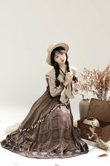 Brown [Mysterious Tribe] Long Lantern Sleeves Print Ruffle Asymmetric Sweet Chinese Style Lolita Dress - Product - 6