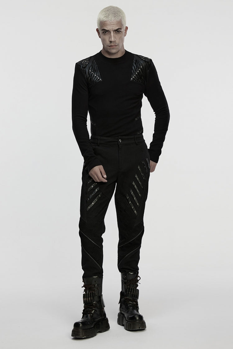 Black Round Collar Long Sleeves Buckled Strappy Pleated Eyelet Men's Punk Top - Product - 4